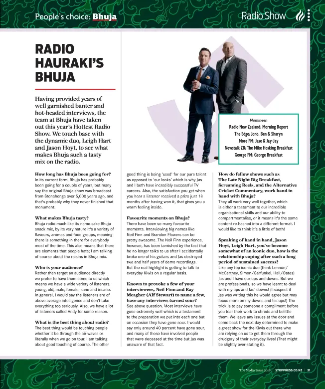  ??  ?? Nominees: Radio New Zealand: Morning Report The Edge: Jono, Ben & Sharyn More FM: Jase & Jay-jay Newstalk ZB: The Mike Hosking Breakfast George FM: George Breakfast