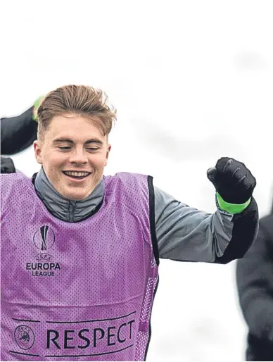  ?? Pictures: SNS. ?? Above: James Forrest and Tom Rogic look excited for tonight’s game at Celtic Park; below: Zenit St Petersburg manager Roberto Mancini during the visitors’ training session last night.