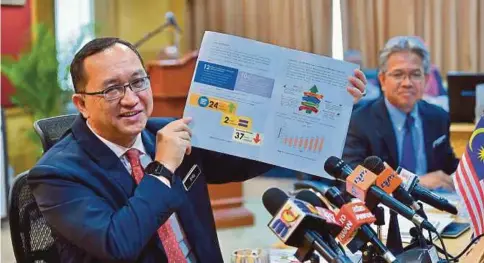  ?? BERNAMA PIC ?? Education directorge­neral Datuk Dr Amin Senin (left) showing the analysis of 2018 Sijil Pelajaran Malaysia results in Putrajaya yesterday.