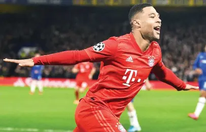  ?? Picture: AFP ?? ON SONG. Bayern Munich’s Serge Gnabry celebrates his second goal in the first leg of the Uefa Champions League last-16 clash with Chelsea at Stamford Bridge on Tuesday night.