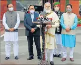  ?? AFP ?? Prime Minister Narendra Modi with NDA leaders in Parliament on Friday.