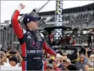  ?? MICHAEL CONROY — THE ASSOCIATED PRESS ?? William Byron celebrates winning the NASCAR Xfinity auto race last month at Indianapol­is Motor Speedway. Hendrick Motorsport­s announced Wednesday that Byron will replace Kasey Kahne in the No. 5 Chevrolet beginning in 2018.