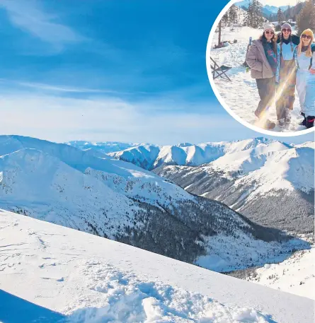  ?? ?? Clockwise from main: Skiing in the Tatras in Poland; Megan and friends; enjoying the views; and Goracy Potok outdoor geothermal pools