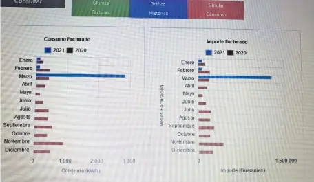  ??  ?? En la web de ANDE se ve la diferencia entre lo facturado históricam­ente y lo facturado en marzo del 2021 a uno de los usuarios.