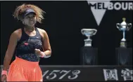  ?? HAMISH BLAIR — THE ASSOCIATED PRESS ?? Naomi Osaka reacts after defeating Hsieh Su-wei in their quarterfin­al match at the Australian Open in Melbourne.