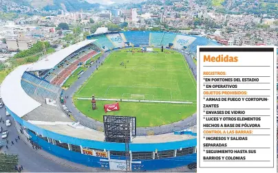  ??  ?? CONTROLES. La Policía Nacional tendrá presencia en las cercanías del estadio Nacional desde hoy a partir de las 8:00 am. La barra de Olimpia ingresará a la 1:30 pm y la de Motagua a las 2:45 pm.