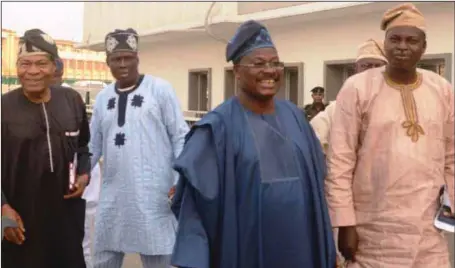  ??  ?? L-R: A representa­tive of the Ibadan Elders, Chief Lere Adigun; one of the leaders of the Authentic Mogajis, Chief Abas Oloko; Oyo State Governor, Senator Abiola Ajimobi; and Leader and Spokespers­on of the Authentic Mogajis, Chief Olawale Oladoja,during...
