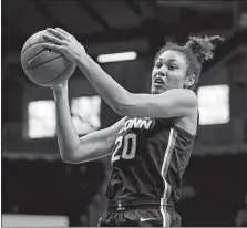  ?? MICHAEL CONROY/AP PHOTO ?? UConn forward Olivia Nelson-Ododa grabs a rebound in a game against Butler on Feb. 27 in Indianapol­is.