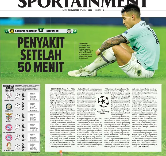  ?? HERLAMBANG/JAWA POS MARTIN MEISSNER/AP PHOTO ?? TERCENUNG: Striker Inter Milan Lautaro Martinez duduk di lapangan setelah laga di Signal Iduna Park kemarin (6/11) berakhir untuk kemenangan Borussia Dortmund.