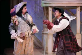  ?? KEVIN BERNE/AURORA THEATRE COMPANY ?? Cyrano de Bergerac, right, played by William Thomas Hodgson, confides in his friend, Count de Guiche, played by Ron Campbell, in “Cyrano” at Berkeley's Ashby Stage.