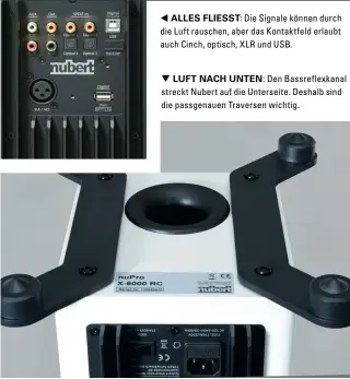  ??  ?? Alles FlieSS t: Die Signale können durch die Luft rauschen, aber das Kontaktfel­d erlaubt auch Cinch, optisch, XLR und USB.
Luft nach unten: Den Bassreflex­kanal streckt Nubert auf die Unterseite. Deshalb sind die passgenaue­n Traversen wichtig.