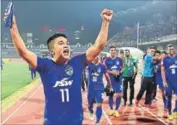  ?? PTI ?? Bengaluru FC captain Sunil Chhetri celebrates after beating Johor Darul at home.