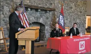  ?? The Sentinel-Record/Mara Kuhn ?? AGREEMENT SIGNED: From left, Hot Springs Mayor Pat McCabe speaks as Col. Michael Derosier, the commander of the U.S. Army Corps of Engineers’ Vicksburg District, and Mid-Arkansas Water Alliance President Dale Kimbrow listen before signing a water...