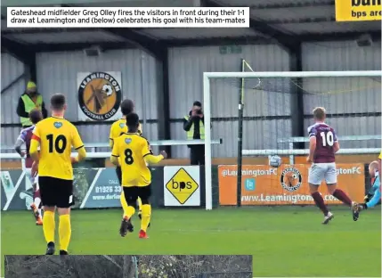  ??  ?? Gateshead midfielder Greg Olley fires the visitors in front during their 1-1 draw at Leamington and (below) celebrates his goal with his team-mates