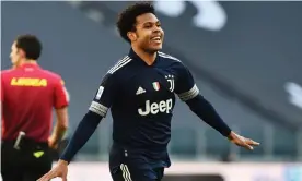  ??  ?? Weston McKennie of Juventus celebrates scoring the second goal in a 2-0 win against Bologna. Photograph: Massimo Pinca/Reuters