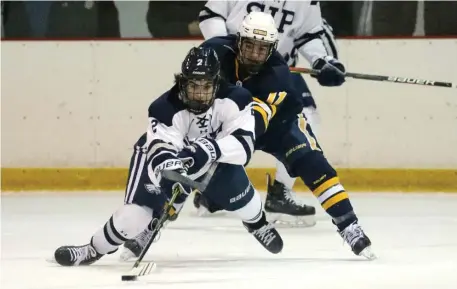  ?? MARY SCHWALM / HERALD STAFF ?? ‘DIALED IN’: St. John’s Prep forward Jake DiNapoli moves the puck ahead as Xaverian’s Will Fondo follows on Wednesday night.