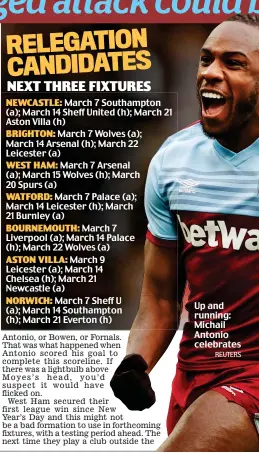  ?? REUTERS ?? Up and running: Michail Antonio celebrates