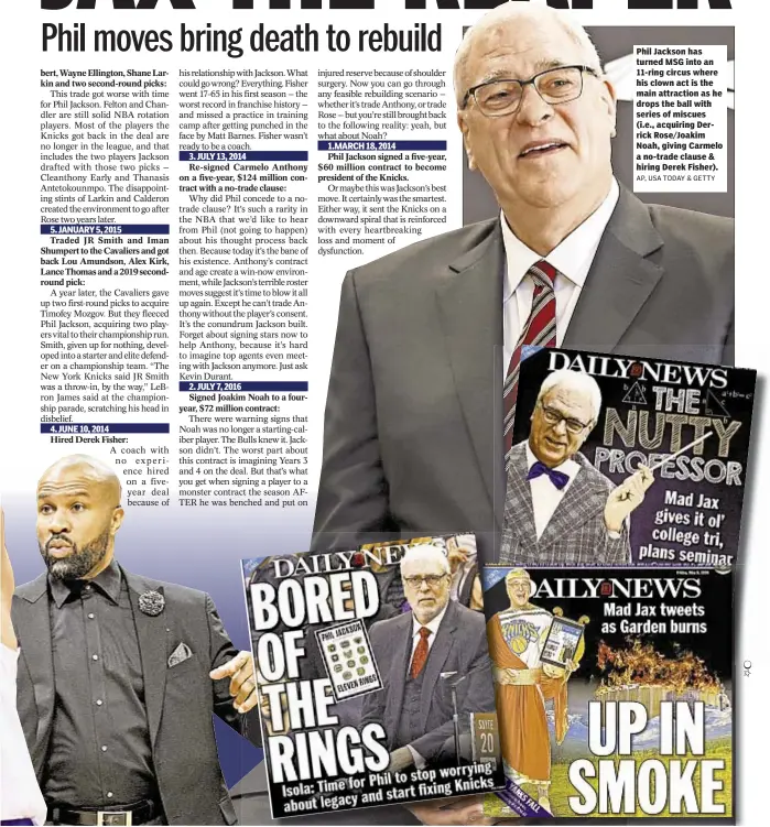  ??  ?? 5. JANUARY 5, 2015 4. JUNE 10, 2014 3. JULY 13, 2014 2. JULY 7, 2016 1.MARCH 18, 2014 Phil Jackson has turned MSG into an 11-ring circus where his clown act is the main attraction as he drops the ball with series of miscues (i.e., acquiring Derrick Rose/Joakim Noah, giving Carmelo a no-trade clause &amp; hiring Derek Fisher).