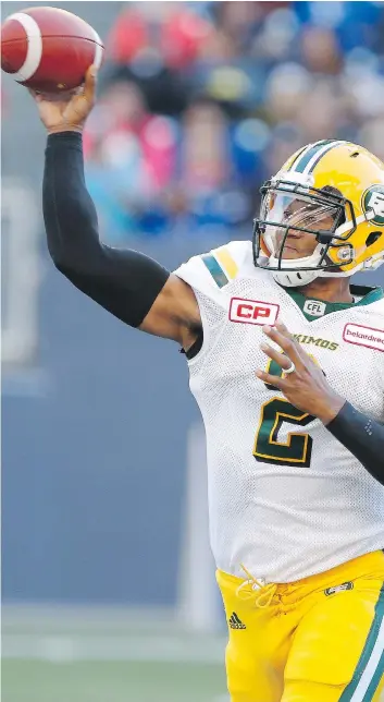  ?? JOHN WOODS/THE CANADIAN PRESS FILES ?? The Roughrider­s may pursue Eskimos quarterbac­k James Franklin when and if he becomes a free agent, columnist Rob Vanstone writes.