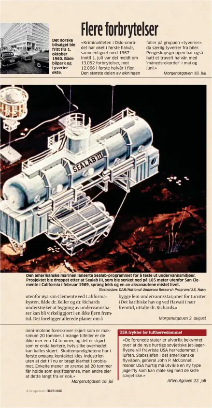  ?? Illustrasj­on: Oar/national Undersea Research Program/u.s. Navy ?? Det norske bilsalget ble fritt fra 1. oktober 1960. Både bilpark og tyverier økte. Den amerikansk­e marinen lanserte Sealab-programmet for å teste ut undervanns­miljøer. Prosjektet ble droppet etter at Sealab III, som ble senket ned på 185 meter utenfor San Clemente i California i februar 1969, sprang lekk og en av akvanauten­e mistet livet.