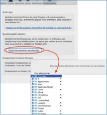  ??  ??   En fonction de la place disponible sur votre disque dur, choisissez les dossiers qui seront synchronis­és sur votre ordinateur. Notez que dans tous les cas, les dossiers et fichiers présents dans le dossier Dropbox sont synchronis­és sur Internet.