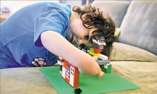  ?? Gracey Evans/Post-Gazette ?? Laith Dougherty, 7, works on one of his Lego models Monday at home. Laith received a new kidney in June from Pittsburgh Public Schools board member Moira Kaleida. Both are recovering well.