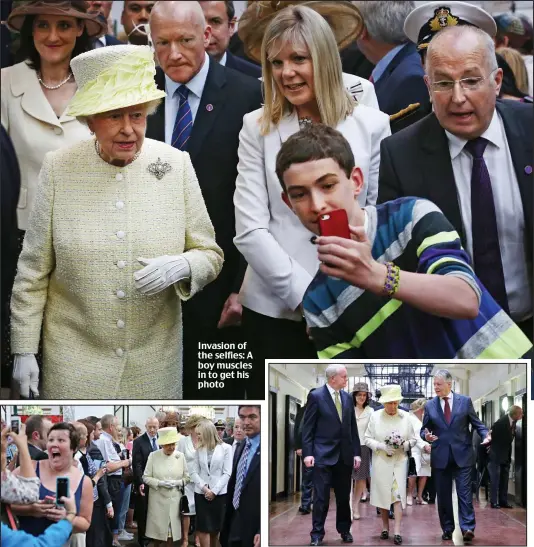  ??  ?? Invasion of the selfies: A boy muscles in to get his photo At Her Majesty’s pleasure: She tours the jail with Mr McGuinness and Mr Robinson as Prince Philip stops to have a look at a cell