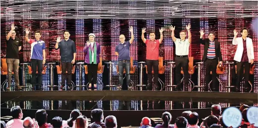  ??  ?? HARAPAN 2019 – The first batch of participan­ts in the #Harapan201­9: The ABS-CBN Town Hall Debate took the stage Sunday night at the ABS-CBN News building in Quezon City. Shown are (from left) Bam Aquino, Glenn Chiong, Jiggy Manicad, Samira Gutoc, Florin Hilbay, Francis Tolentino, Chel Diokno, Larry Gadon, and Willie Ong. (Rio Leonelle Deluvio)