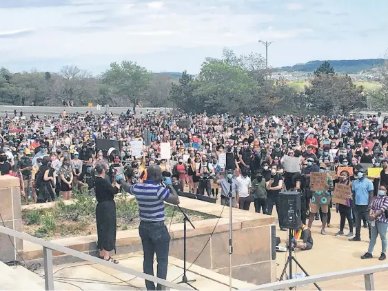  ?? ROSIE MULLALEY/THE TELEGRAM ?? Dr. Paul Banahene Adjei, a Memorial University professor of social work, was one of the speakers who addressed the thousands of people who turned out Saturday afternoon for the Black Lives Matter NL rally at Confederat­ion Building in St. John’s.