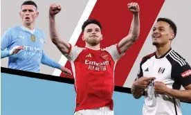  ?? Composite: AMA/Getty Images; Getty Images; Offside/Getty Images ?? Phil Foden of Manchester City, Declan Rice of Arsenal and Rodrigo Muniz of Fulham.