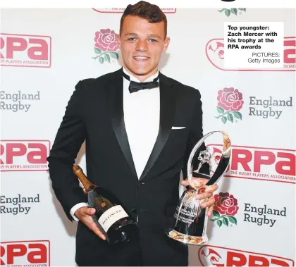  ?? PICTURES: Getty Images ?? Top youngster: Zach Mercer with his trophy at the RPA awards