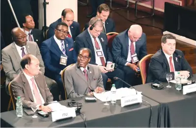  ??  ?? President Mugabe addresses a plenary session of the World Health Organisati­on Global Conference on Non-Communicab­le Diseases in Montevideo, Uruguay, yesterday. In attendance were Foreign Affairs Minister Dr Walter Mzembi and Health and Child Care...