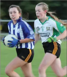  ??  ?? Ellen Duggan of Adamstown on the move away from Ballygarre­tt’s Emily Riley during the Division 2 final.