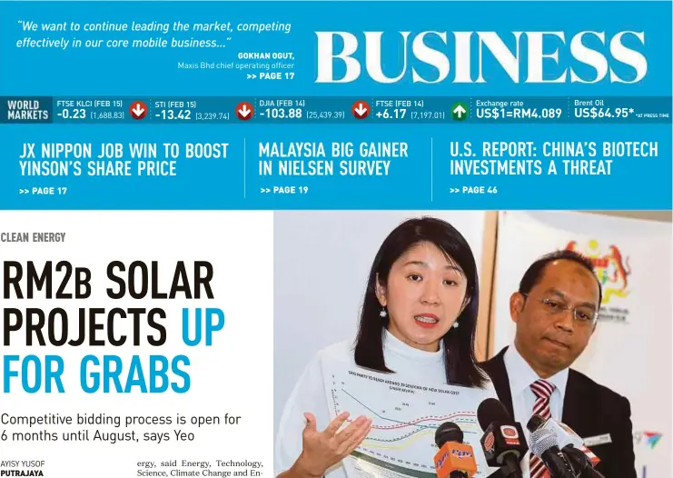  ?? BERNAMA PIC ?? Energy, Technology, Science, Climate Change and Environmen­t Minister Yeo Bee Yin says whoever gives the lowest price, and having passed all the required financial and technical qualificat­ions, will be winners of tenders for the first 500MW of large-scale solar projects. With her is Energy Commission chief operating officer Abdul Razib Dawood.