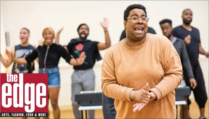  ?? (NILE SCOTT STUDIOS ?? Usher (Kai Clifton, foreground) is backed up by his Thoughts. From left: Jonathan Melo, Grant Evan, Davron S. Monroe, Zion Middleton, and De’Lon Grant. “A Strange Loop” heads to the Wimberly Theatre April 26 to May 25.