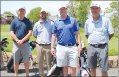  ?? (NWA Democrat-Gazette/Carin Schoppmeye­r) ?? Brad Schulz (from left), Kirk Brown, Spencer Adams and John Campbell stand for a photo before starting their round at the Mercy Golf Classic.