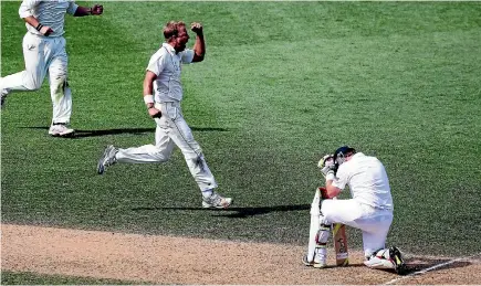  ?? PHOTOS: GETTY IMAGES ?? Neil Wagner + Eden Park + test cricket = high drama, at least most of the time. Above, the celebrates the wicket of England batsman Ian Bell during the dramatic test in 2013; below, he’s equally exuberant after dismissing Zaheer Khan during the win...