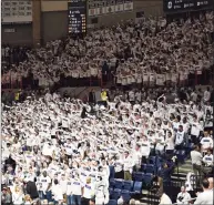  ?? Icon Sportswire via Getty Images ?? The UConn student section cheers on the men’s basketball team during a 2019 game against Florida at Gampel Pavilion in Storrs.