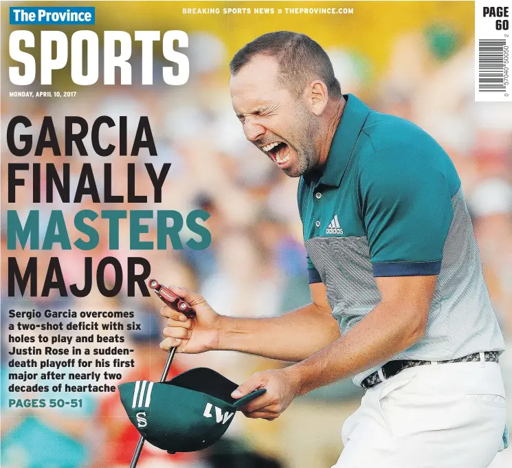  ?? — THE ASSOCIATED PRESS ?? Spaniard Sergio Garcia reacts with relief after making his birdie on 18 to win the Masters during a playoff against Justin Rose Sunday in Augusta, Ga.