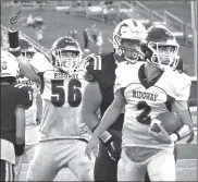  ?? Photo submitted ?? Alex Merritt celebrates Cameron Larkin's touchdown during the Elkers 26-14 win at Kane on Sept. 15.