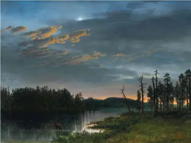  ??  ?? Albert Bierstadt (1830-1902), Western Landscape—deer Wading, ca. 1870s. Oil on canvas, 11¼ x 15½ in. Collection of Laura and David Grey.