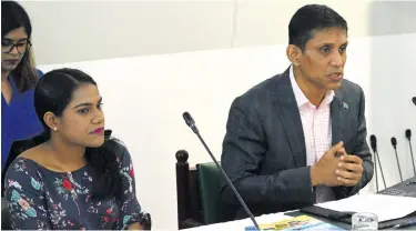  ?? Photo: Vilimoni Vaganalau. ?? Ministry of Industry, Trade and Tourism senior economist Karishma Narayan and Permanent Secretary Shaheen Ali at the Parliament­ary submission on January 23, 2018.