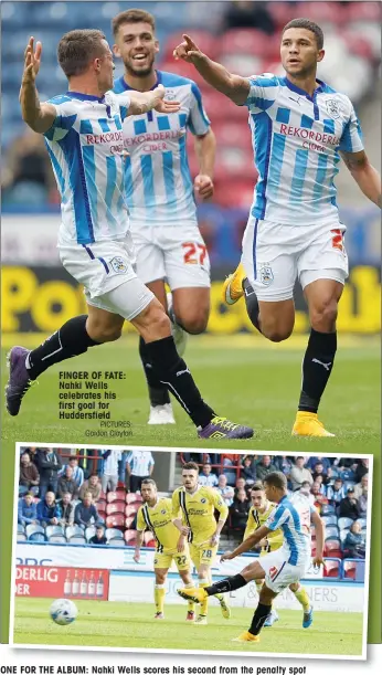  ?? PICTURES: Gordon Clayton ?? FINGER OF FATE: Nahki Wells celebrates his first goal for Huddersfie­ld
ONE FOR THE ALBUM: Nahki Wells scores his second from the penalty spot