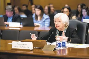  ?? SARAH SILBIGER NYT ?? Treasury Secretary Janet Yellen testifies before the Senate Finance Committee on Capitol Hill in Washington on Thursday.