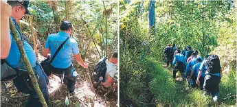  ??  ?? LABOR. Las autoridade­s policiales, fiscales y forenses tuvieron que cruzar a pie dos montañas para llegar al sitio donde estaba el cadáver del montañista Walterio Roberto Girón Ávalos.