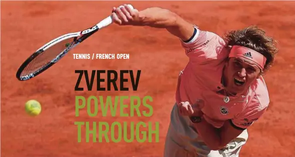  ?? EPA PIC ?? Alexander Zverev serves to Karen Khachanov in their last-16 tie at Roland Garros in Paris yesterday.