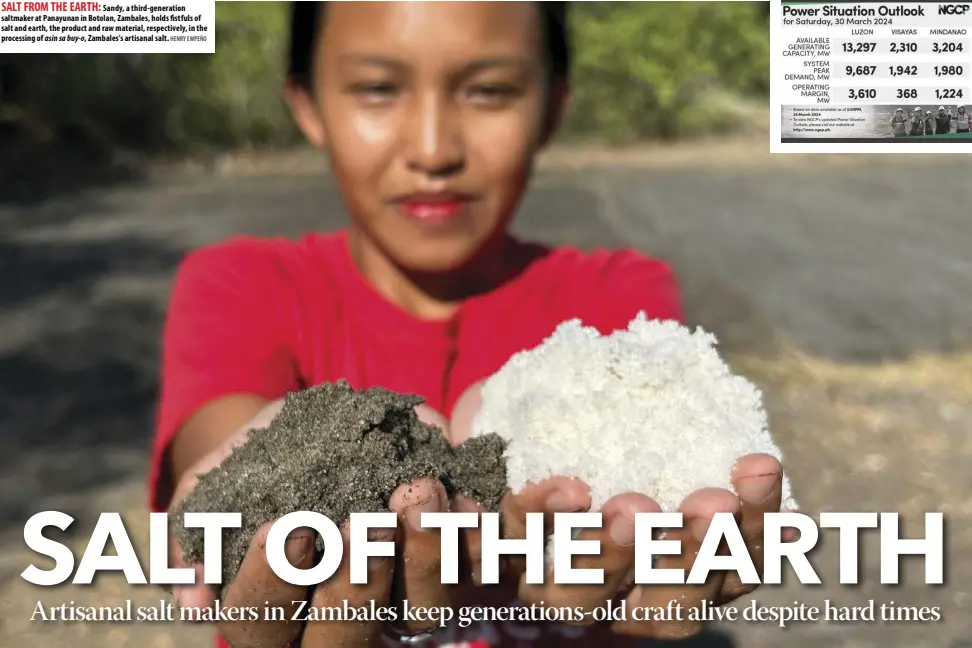  ?? HENRY EMPEÑO ?? SALT FROM THE EARTH: Sandy, a third-generation saltmaker at Panayunan in Botolan, Zambales, holds fistfuls of salt and earth, the product and raw material, respective­ly, in the processing of asin sa buy-o, Zambales’s artisanal salt.