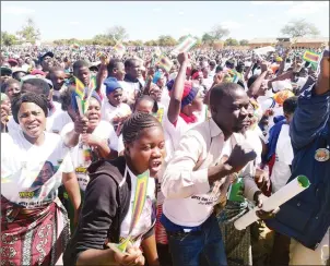  ?? — (Picture by Walter Nyamukondi­wa) ?? Thousands of ZANU-PF supporters break into song and dance during a rally addressed by Vice President Constantin­o Chiwenga in Mutorashan­ga yesterday.