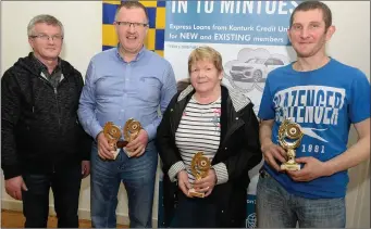  ??  ?? St John’s Leiriu cast members John O’Sullivan, Noreen Kelleher and Paddy O’Keeffe received their winning trophies from Liam Buckley, Chairman, Duhallow Scór at the Kanturk Credit Union Scór Sinsir Finals in Cullen Community Centre. All photos by John Tarrant