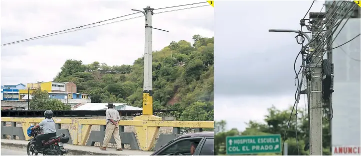  ?? FOTOS: MARVIN SALGADO ?? (1) El puente del barrio La Bolsa, en las cercanías de Insep, quedó sin una sola lámpara. (2) En los postes del alumbrado solo quedaron los tubos de metal donde se instalan las luminarias. 1 2